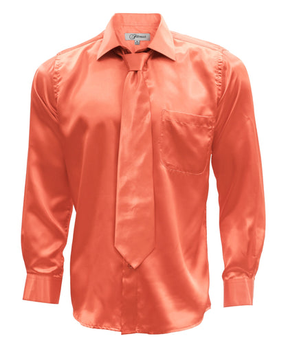 Coral Satin Regular Fit Dress Shirt, Tie & Hanky Set