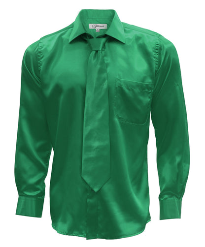 Emerald Green Satin Regular Fit Dress Shirt, Tie & Hanky Set