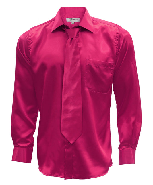 Fuchsia Satin Regular Fit French Cuff Dress Shirt, Tie & Hanky Set