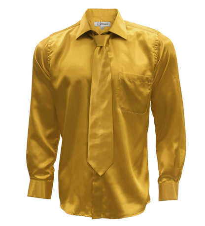 Gold Satin Regular Fit Dress Shirt, Tie & Hanky Set