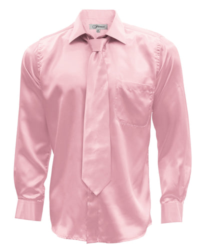 Pink Satin Regular Fit Dress Shirt, Tie & Hanky Set