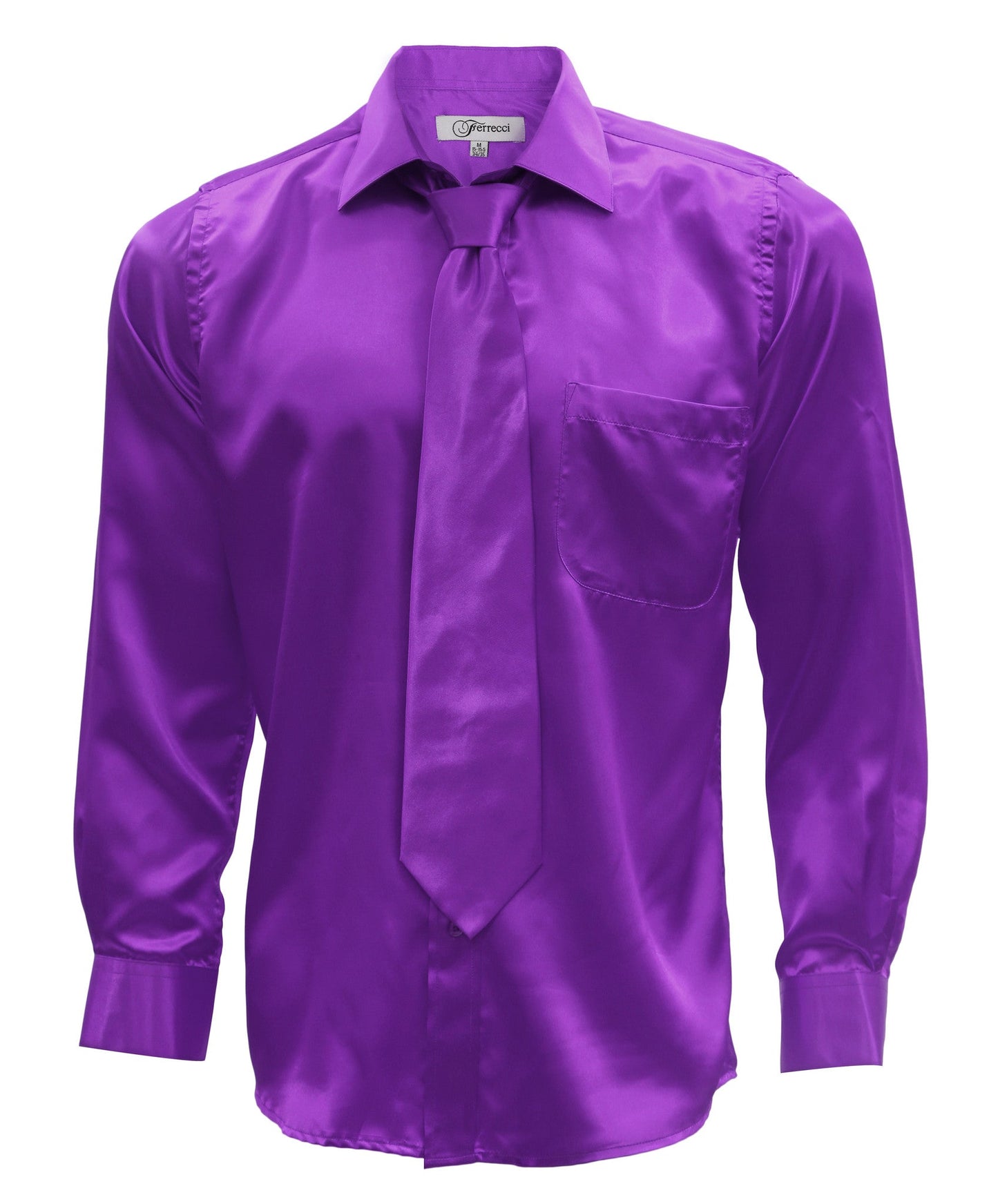 Purple Satin Regular Fit Dress Shirt, Tie & Hanky Set