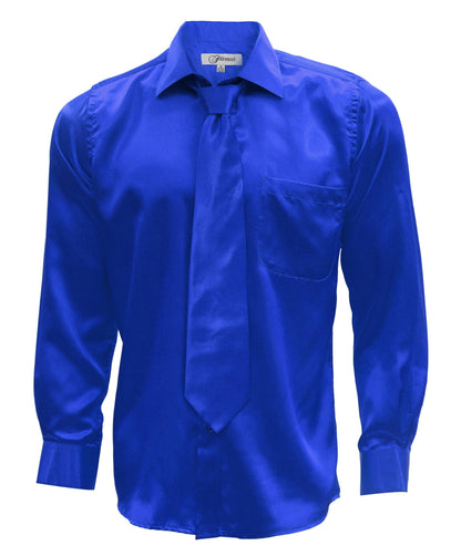 Royal Blue Satin Regular Fit French Cuff Dress Shirt, Tie & Hanky Set