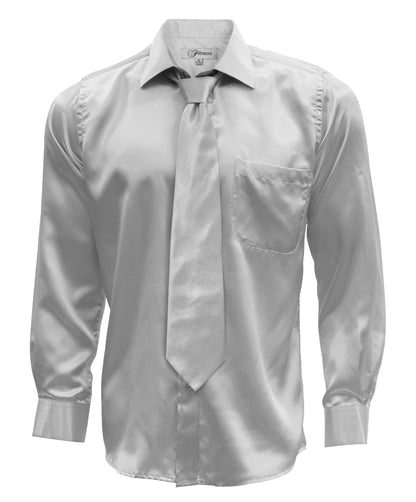 Silver Satin Regular Fit Dress Shirt, Tie & Hanky Set