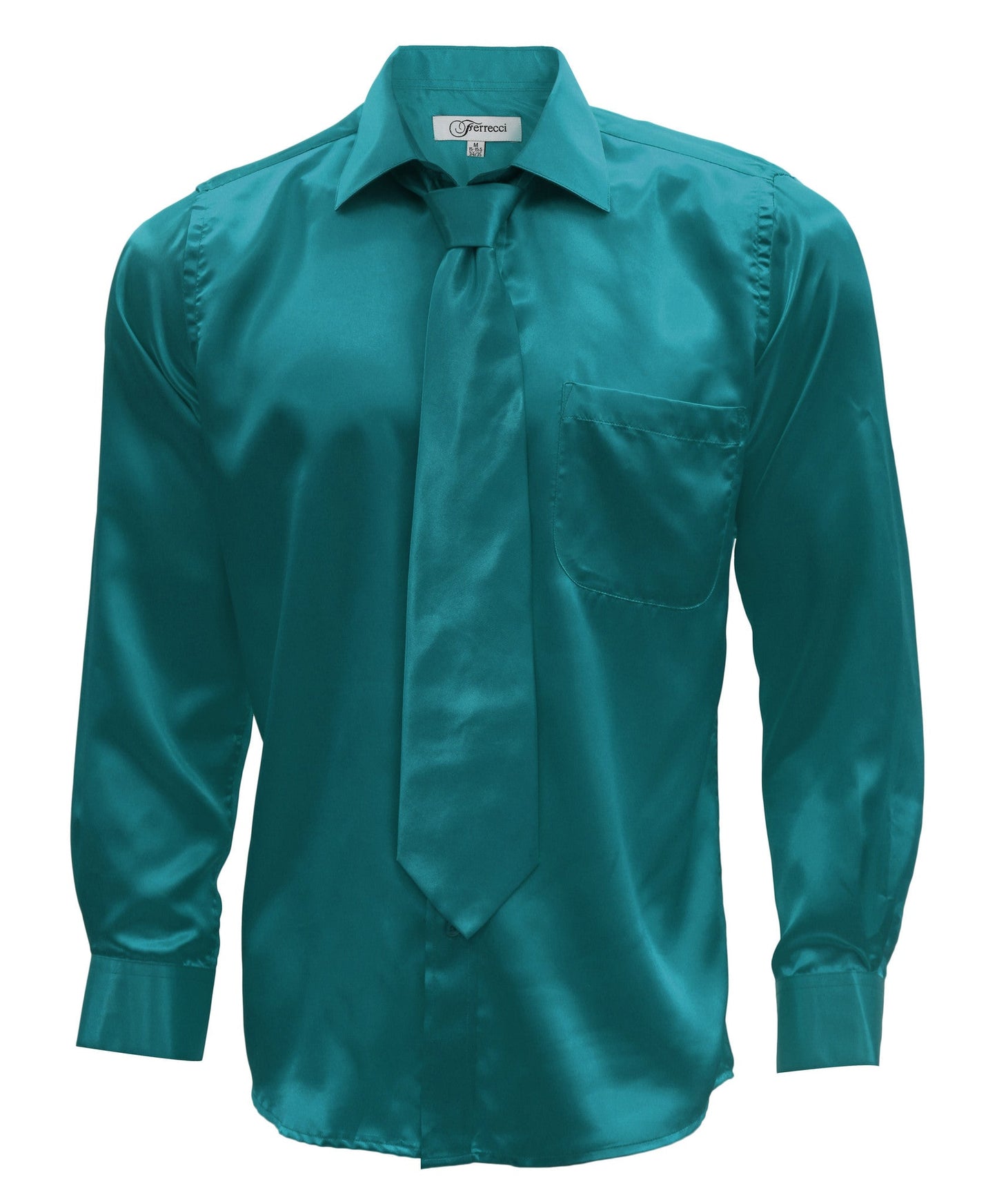 Teal Satin Regular Fit Dress Shirt, Tie & Hanky Set