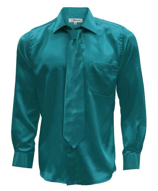 Teal Satin Regular Fit Dress Shirt, Tie & Hanky Set