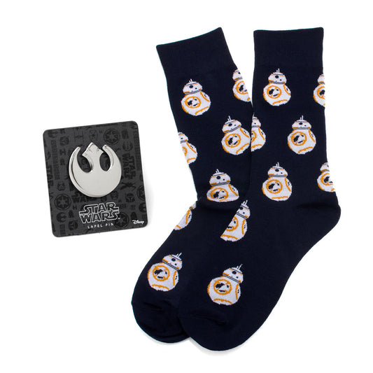 Caja de regalo de calcetines azul marino Star Wars BB-8 y pin de solapa con el emblema Starbird de la Alianza Rebelde