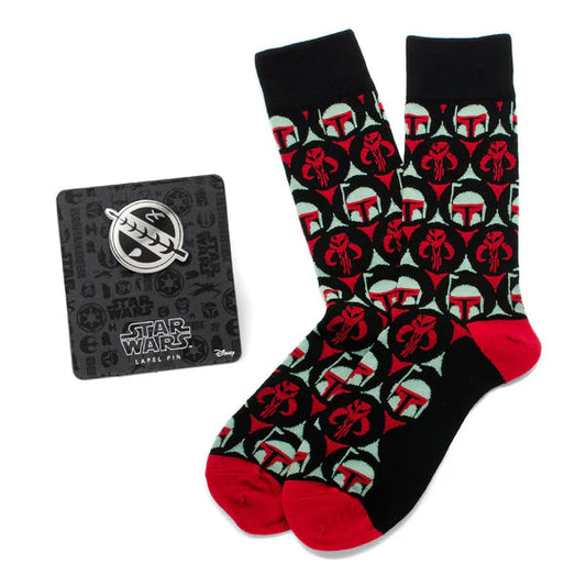 Set de regalo de calcetines de vestir negros y rojos y pin de solapa con el emblema de Star Wars Boba Fett y Mythosaur