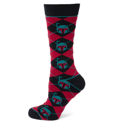 Calcetines y Pin de Solapa con el Escudo de Boba Fett de Star Wars, Color Granate y Negro, Diseño Argyle, Set de Regalo