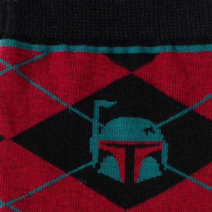 Calcetines y Pin de Solapa con el Escudo de Boba Fett de Star Wars, Color Granate y Negro, Diseño Argyle, Set de Regalo