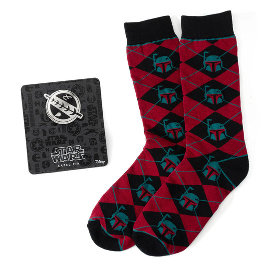 Calcetines y Pin de Solapa con el Escudo de Boba Fett de Star Wars, Color Granate y Negro, Diseño Argyle, Set de Regalo