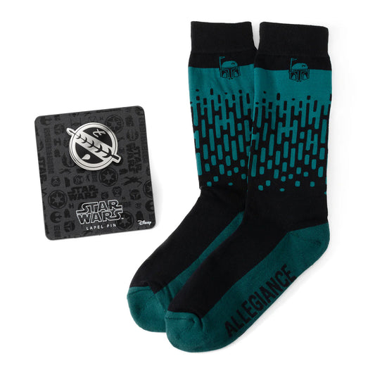 Juego de regalo de calcetines verdes Boba Fett de Star Wars y pin de solapa con escudo