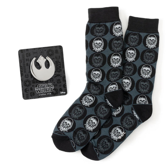 Calcetines de vestir negros de Chewbacca de Star Wars y set de regalo de pin de solapa del emblema de la Alianza Rebelde