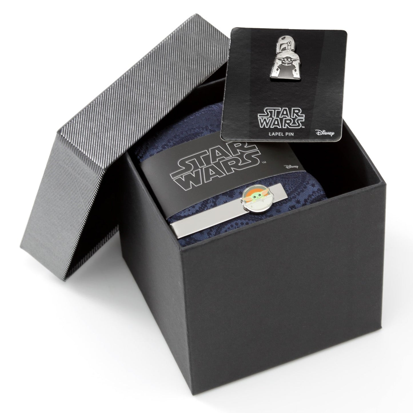 Star Wars Mandalorian and Grogu Navy Paisley Tie, Grogu Tie Bar, and Lapel Pin Gift Set - My Men's Shop