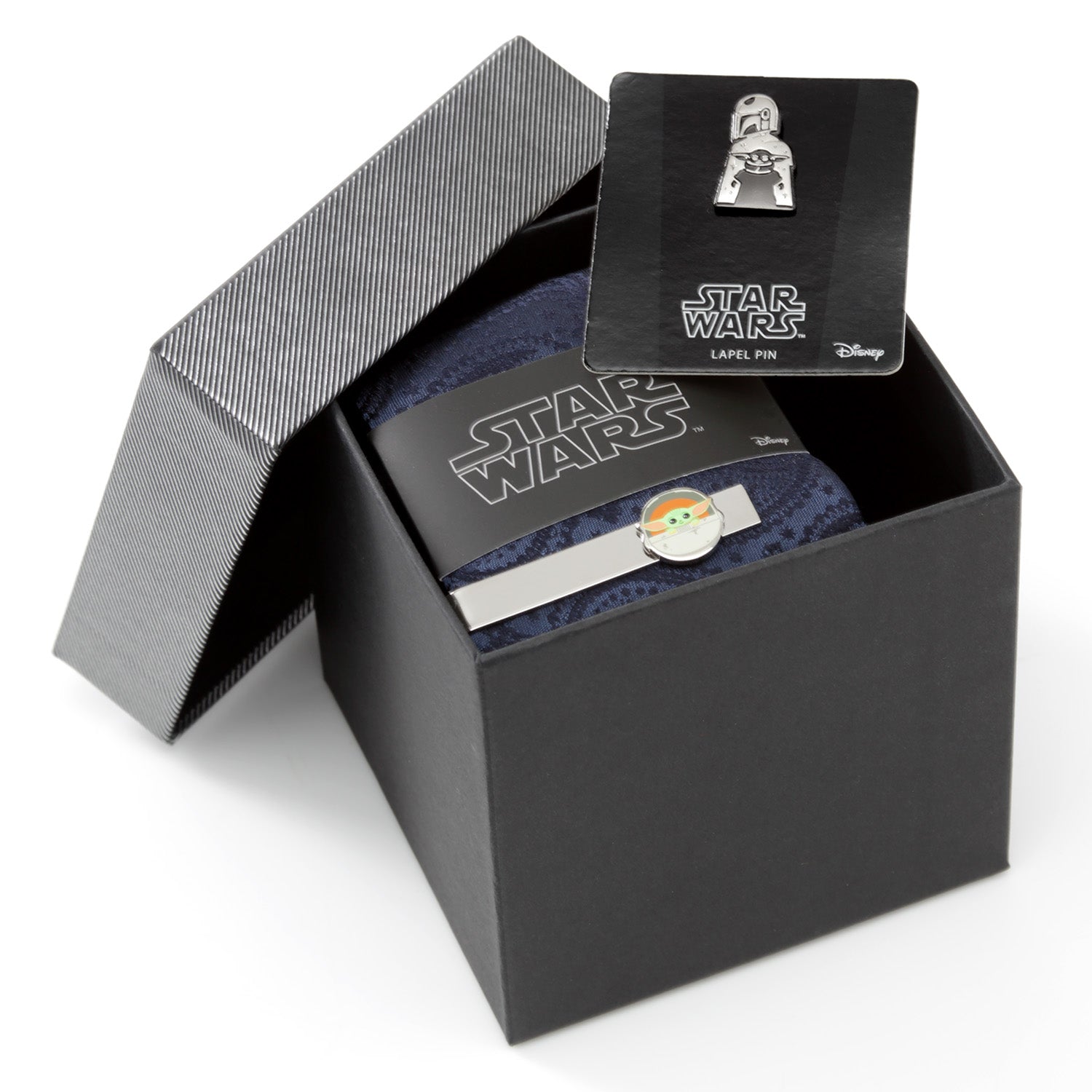 Star Wars Mandalorian and Grogu Navy Paisley Tie, Grogu Tie Bar, and Lapel Pin Gift Set - My Men's Shop