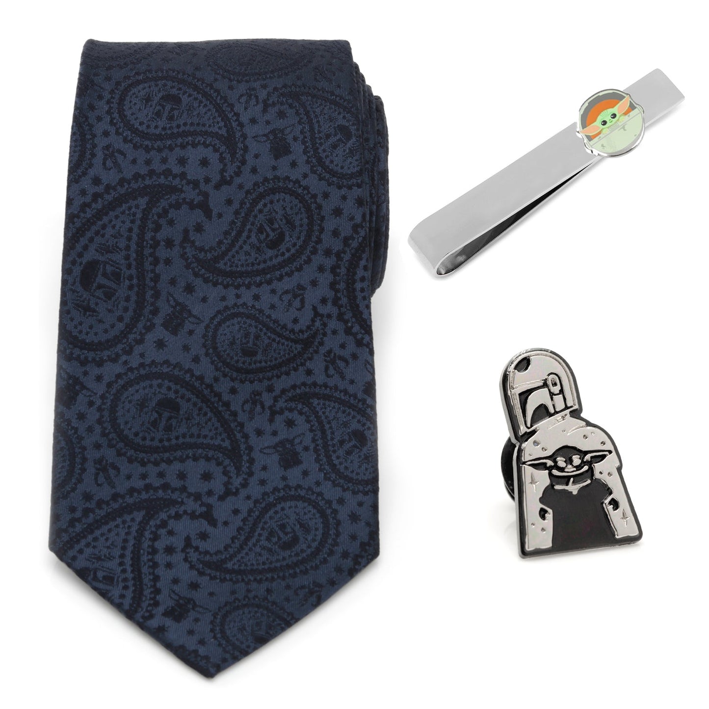 Star Wars Mandalorian and Grogu Navy Paisley Tie, Grogu Tie Bar, and Lapel Pin Gift Set - My Men's Shop