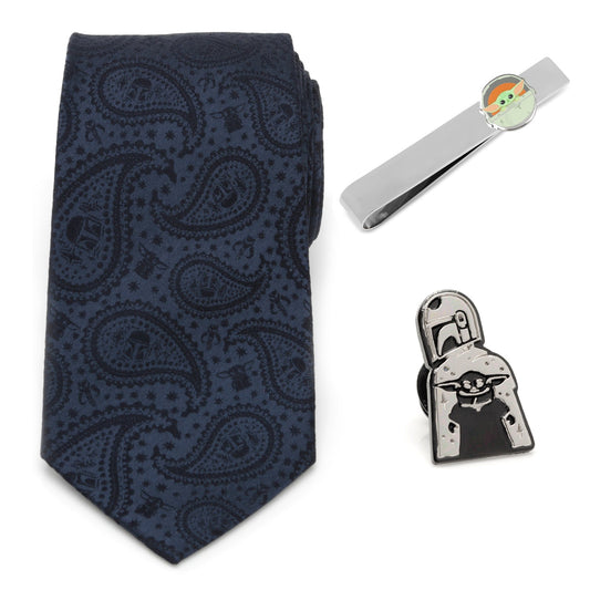 Star Wars Mandalorian and Grogu Navy Paisley Tie, Grogu Tie Bar, and Lapel Pin Gift Set - My Men's Shop