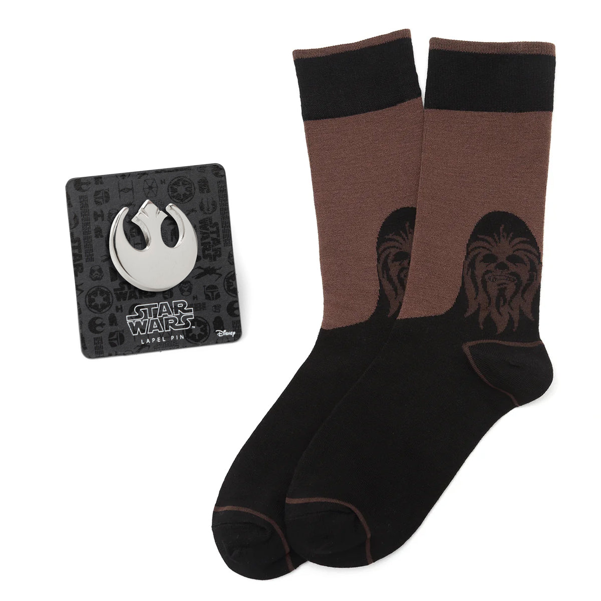 Star Wars Chewbacca Brown and Black Dress Socks and Rebel Alliance Starbird Crest Lapel Pin Gift Set - My Men's Shop