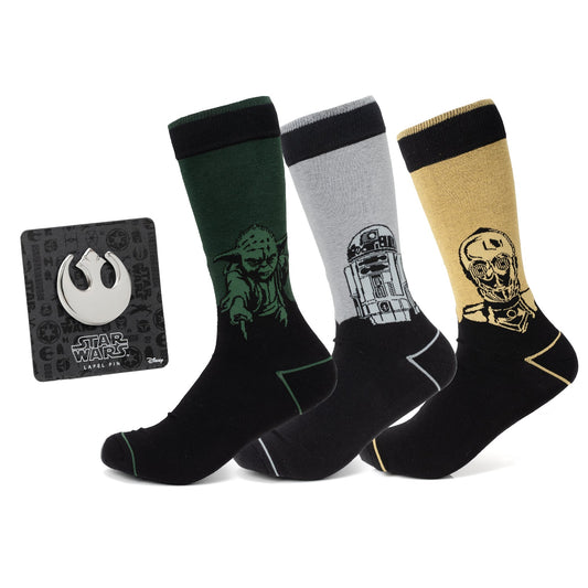 Star Wars Yoda, R2-D2, and C-3PO Dress Socks 3-Pack with Rebel Crest Lapel Pin Gift Set - My Men's Shop