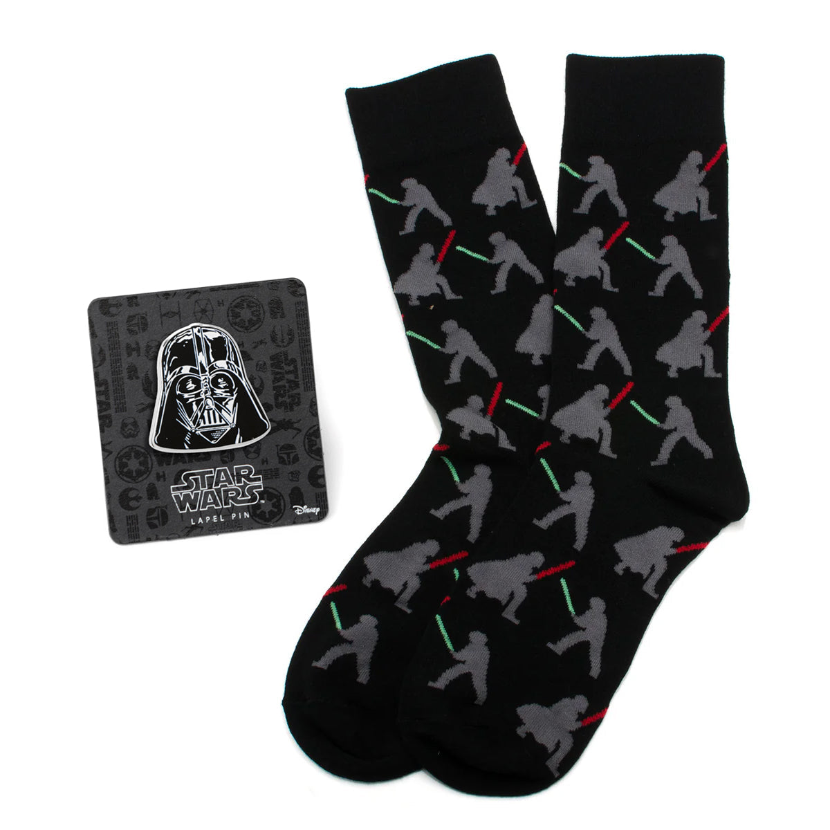 Calcetines negros con batalla de sables de luz de Darth Vader y Luke Skywalker de Star Wars y set de regalo de pin de solapa de Darth Vader