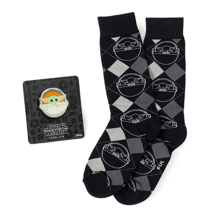 Star Wars Grogu Charcoal Gray Argyle Socks and Lapel Pin Gift Set - My Men's Shop