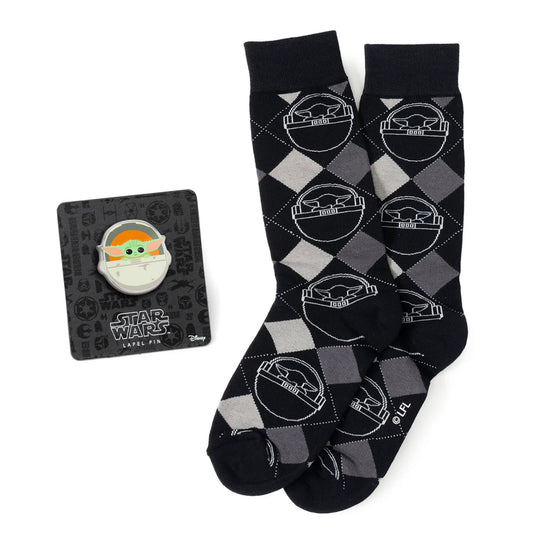 Star Wars Grogu Charcoal Gray Argyle Socks and Lapel Pin Gift Set - My Men's Shop