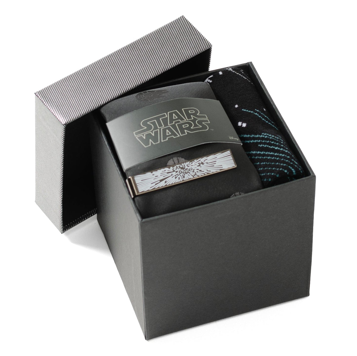 Star Wars Millennium Falcon Black Tie, X-Wing and Tie Fighter Battle Dress Socks, and Hyperspace Glow-in-the-Dark Tie Bar Gift Set - My Men's Shop