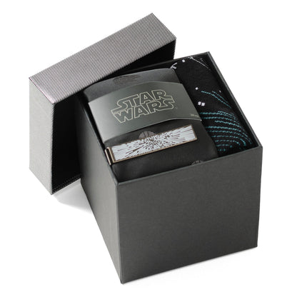 Star Wars Millennium Falcon Black Tie, X-Wing and Tie Fighter Battle Dress Socks, and Hyperspace Glow-in-the-Dark Tie Bar Gift Set - My Men's Shop