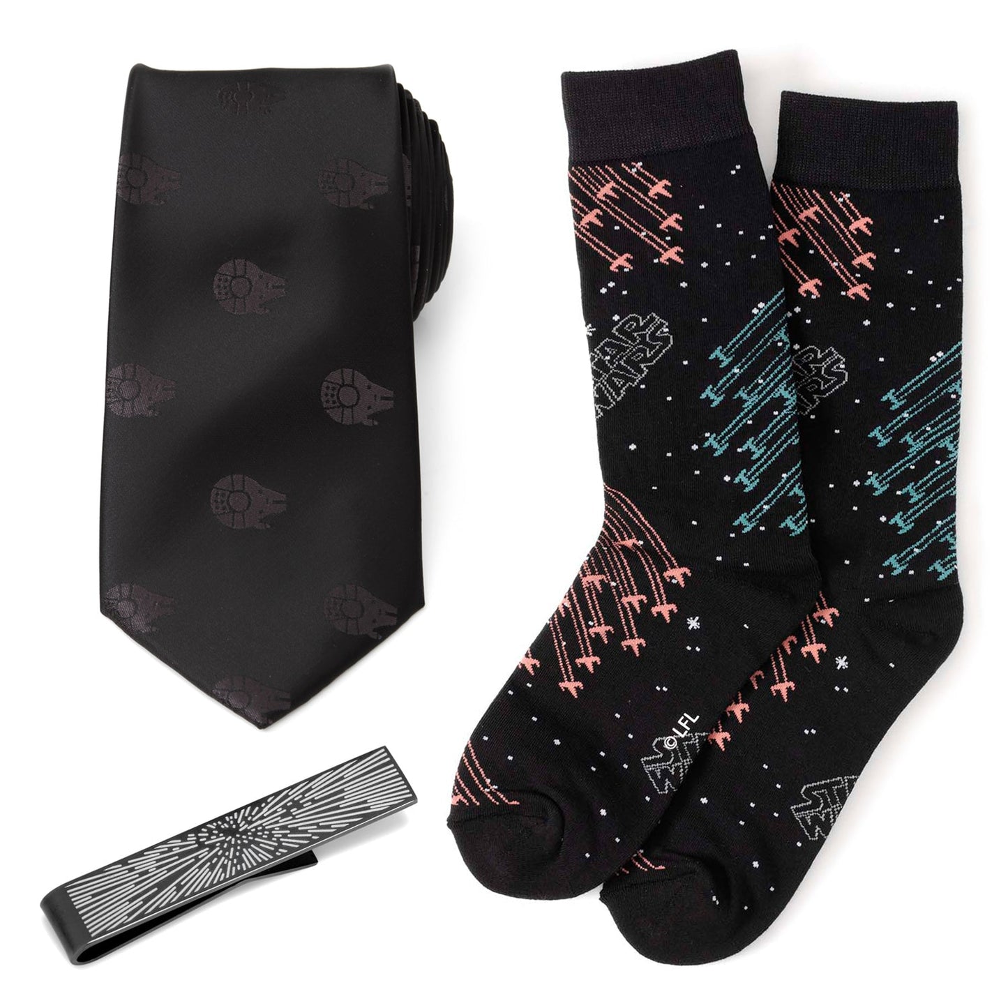Star Wars Millennium Falcon Black Tie, X-Wing and Tie Fighter Battle Dress Socks, and Hyperspace Glow-in-the-Dark Tie Bar Gift Set - My Men's Shop