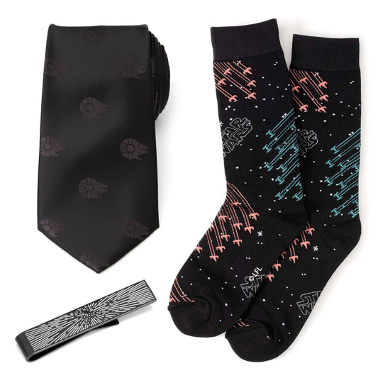 Star Wars Millennium Falcon Black Tie, X-Wing and Tie Fighter Battle Dress Socks, and Hyperspace Glow-in-the-Dark Tie Bar Gift Set - My Men's Shop