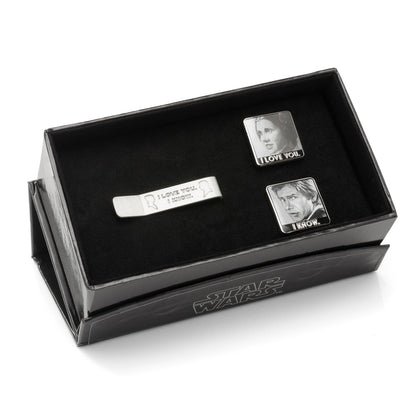 Star Wars Princess Leia and Han Solo "I Love You / I Know" Cufflinks with Hidden Message Tie Bar Gift Set - My Men's Shop