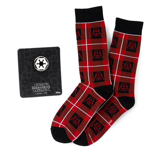 Star Wars Darth Vader Black and Red Plaid Dress Socks and Imperial Crest Lapel Pin Gift Set - My Men's Shop
