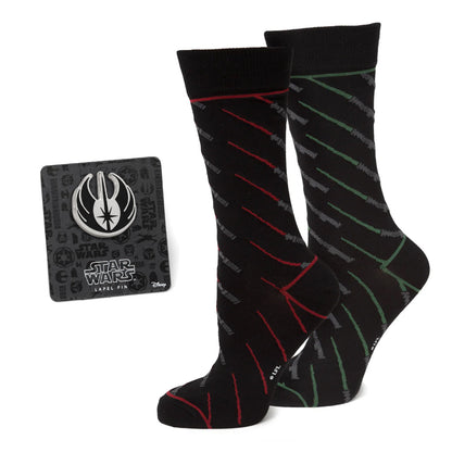 Star Wars Green and Red LIGHTSABER Pattern Black Dress Socks with Jedi Crest Lapel Pin Gift Set - My Men's Shop