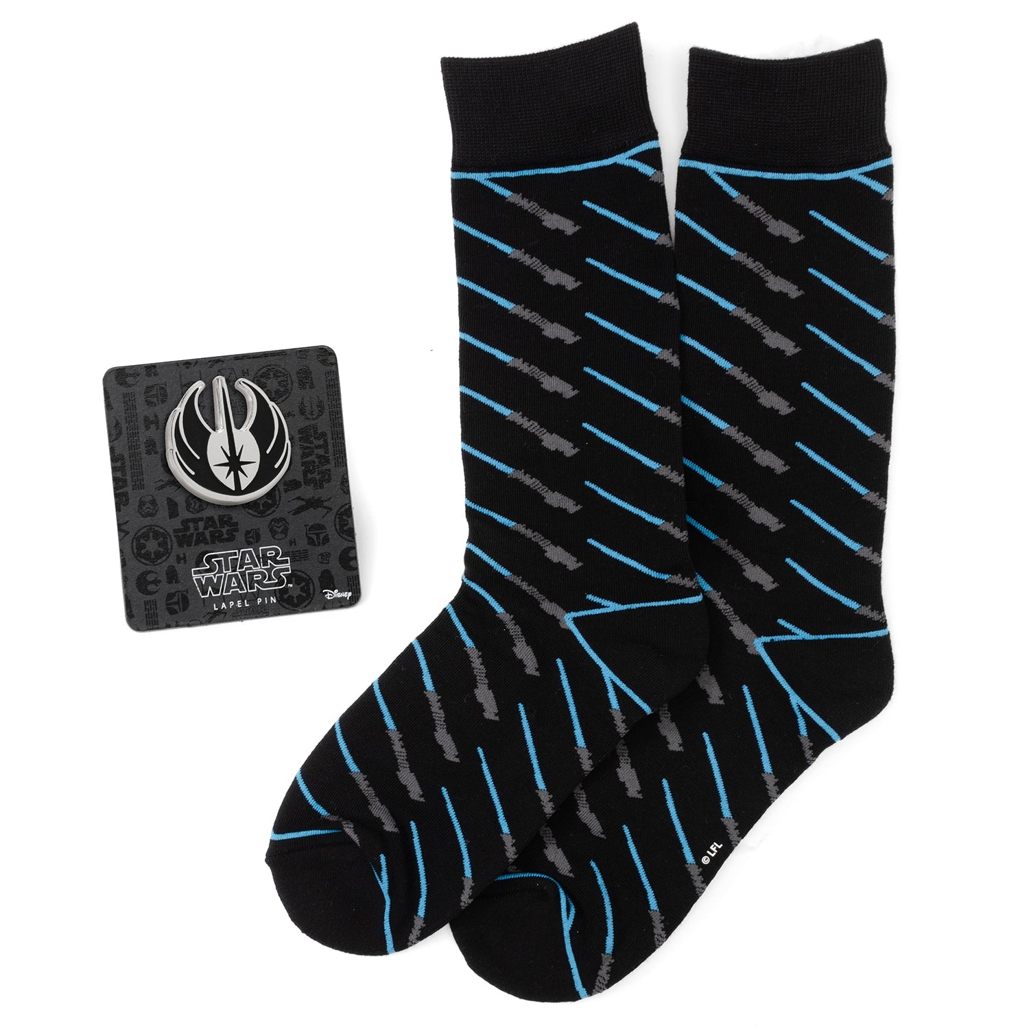 Star Wars Obi-Wan Kenobi Blue LIGHTSABER Pattern Black Dress Socks with Jedi Crest Lapel Pin Gift Set - My Men's Shop