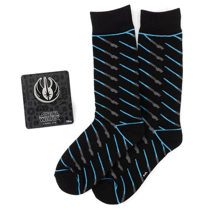 Star Wars Obi-Wan Kenobi Blue LIGHTSABER Pattern Black Dress Socks with Jedi Crest Lapel Pin Gift Set - My Men's Shop