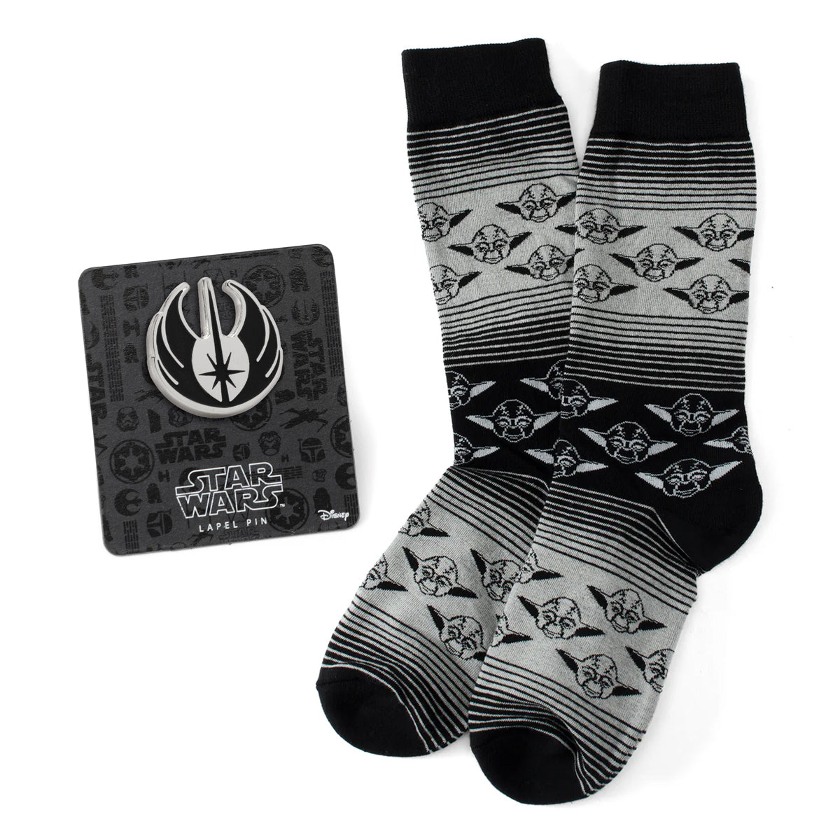 Calcetines de vestir Star Wars Yoda con patrón degradado en gris y negro con pin de solapa del emblema Jedi
