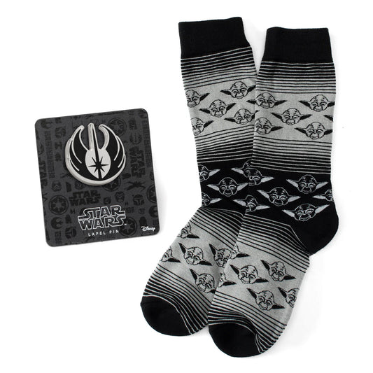 Star Wars Yoda Gray and Black Ombre Pattern Dress Socks with Jedi Crest Lapel Pin - My Men's Shop