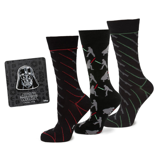 Juego de regalo de calcetines de vestir Star Wars con diseño de batalla de sables de luz y pin de solapa de Darth Vader