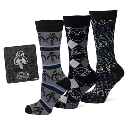 Star Wars Mandalorian 3-Pack Dress Sock and Mythosaur Lapel Pin Gift Set - My Men's Shop