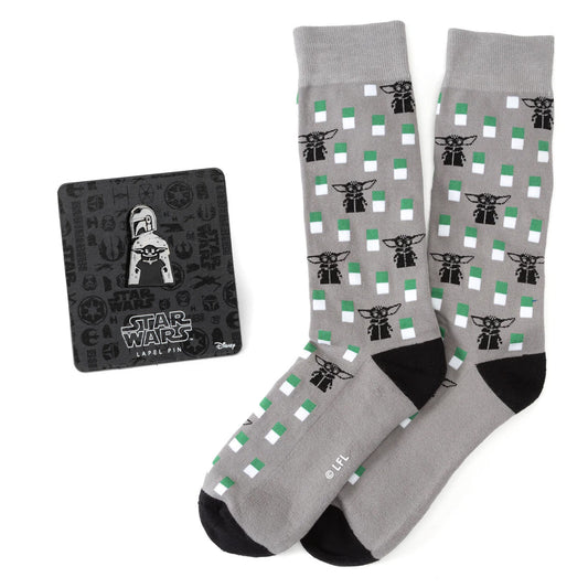 Set de regalo de calcetines y pin de solapa de Star Wars Mandalorian y Grogu gris