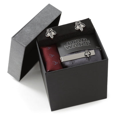 Star Wars Mandalorian Mythosaur Gray Tie, Red Pocket Square, Cufflinks, and Tie Bar Gift Set - My Men's Shop