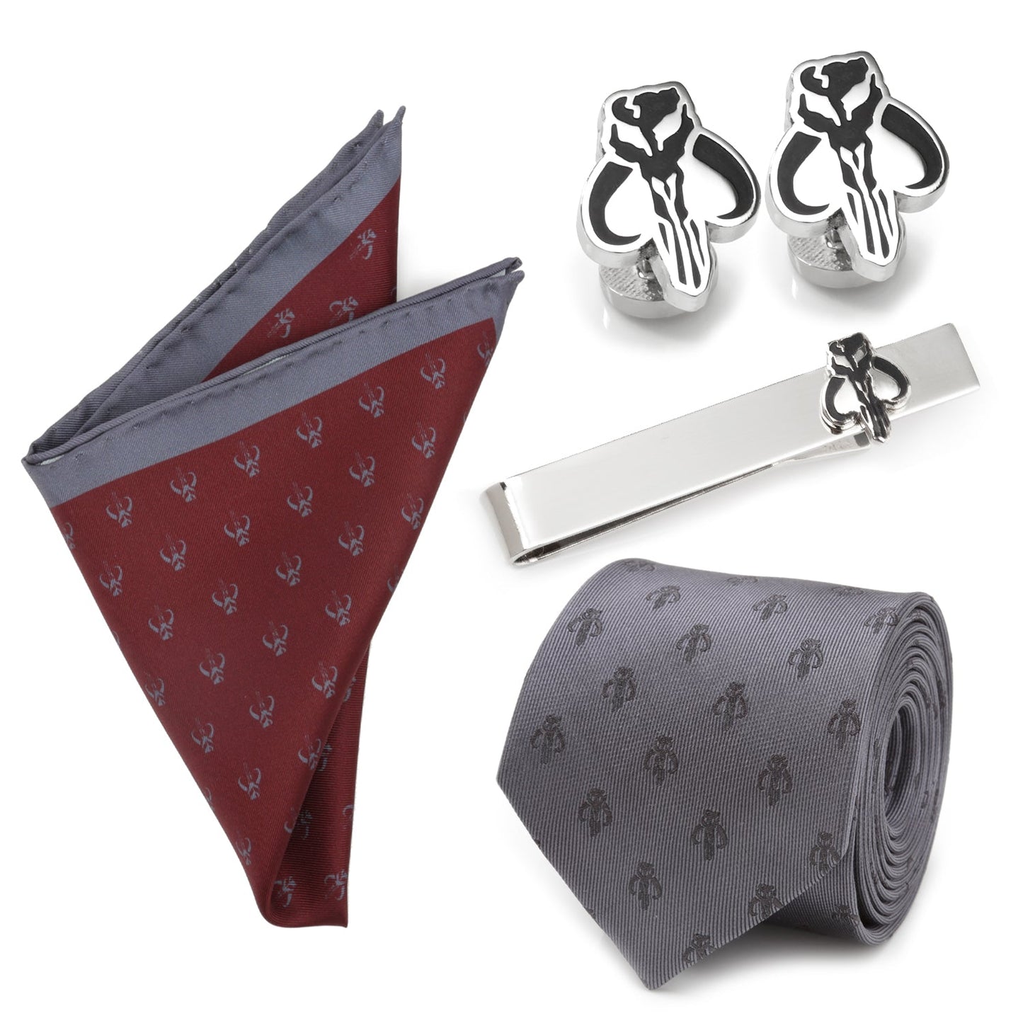 Star Wars Mandalorian Mythosaur Gray Tie, Red Pocket Square, Cufflinks, and Tie Bar Gift Set - My Men's Shop