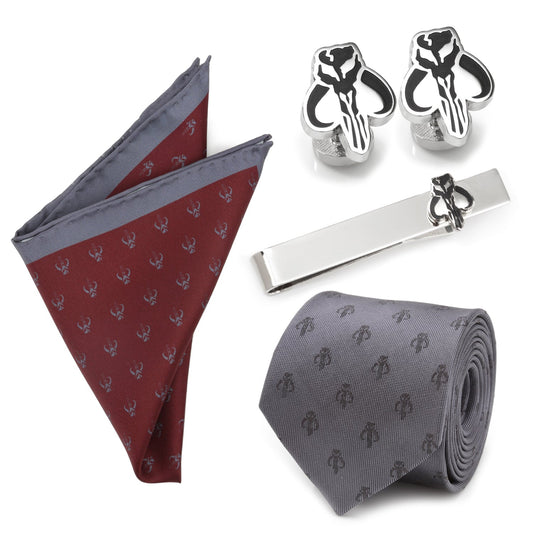 Star Wars Mandalorian Mythosaur Gray Tie, Red Pocket Square, Cufflinks, and Tie Bar Gift Set - My Men's Shop