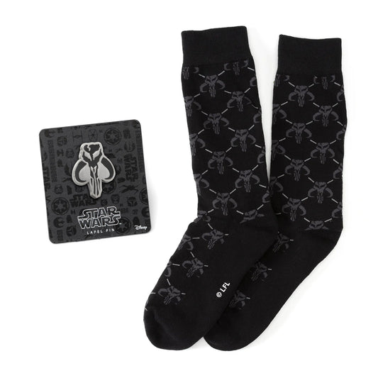 Star Wars Mandalorian Charcoal Gray Dress Socks and Mythosaur Lapel Pin Gift Set - My Men's Shop