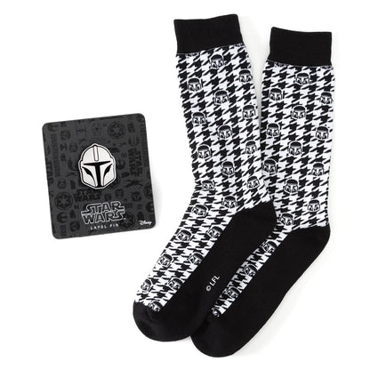 Star Wars Mandalorian Houndstooth Black and White Dress Socks and Lapel Pin Gift Set - My Men's Shop