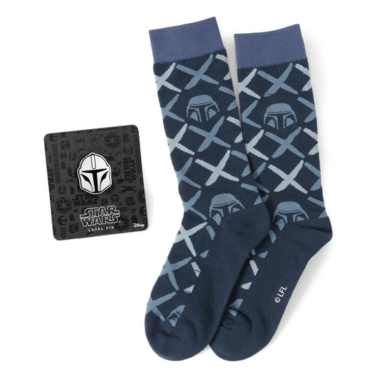 Star Wars Mandalorian Navy Checkered Dress Socks and Lapel Pin Gift Set - My Men's Shop