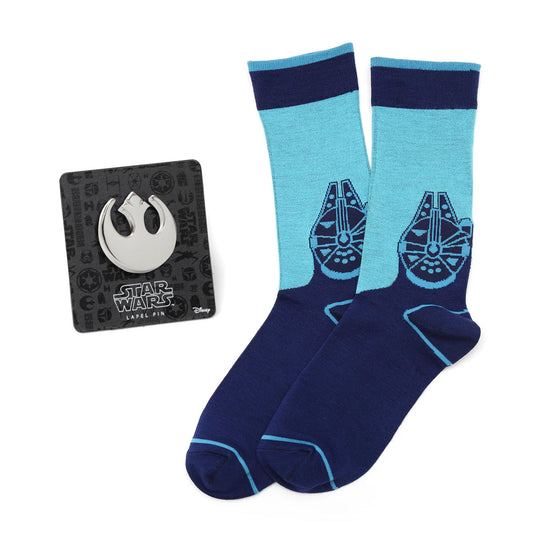 Star Wars Millennium Falcon Calcetines de vestir azules y Pin de solapa con el emblema de la Rebelión, Set de regalo