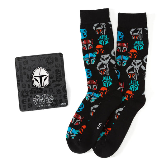 Calcetines de vestir azul marino multicolores de Mandalorian y Mythosaur de Star Wars y set de regalo de pin de solapa