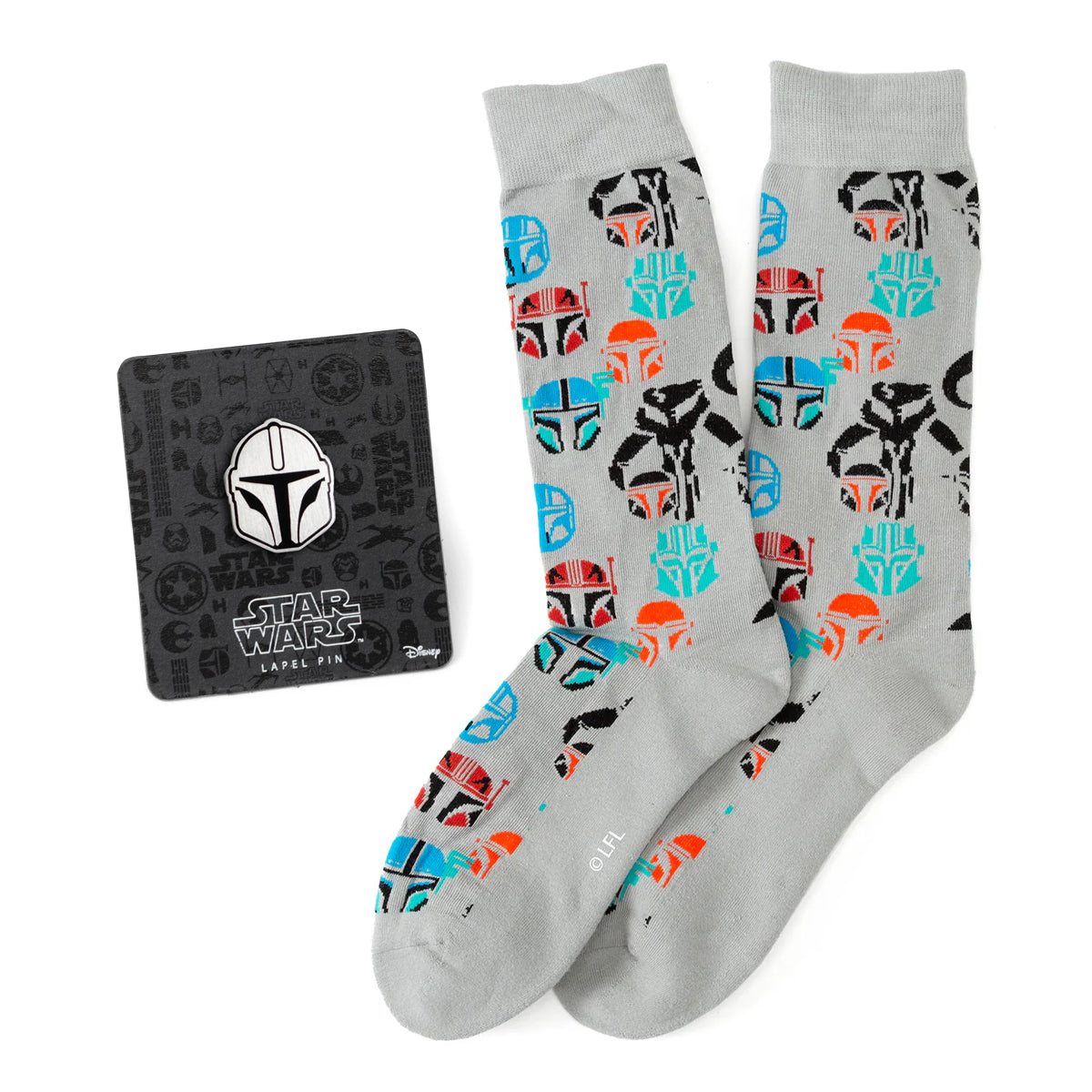 Star Wars Mandalorian and Mythosaur Multicolored Gray Dress Socks and Lapel Pin Gift Set - My Men's Shop
