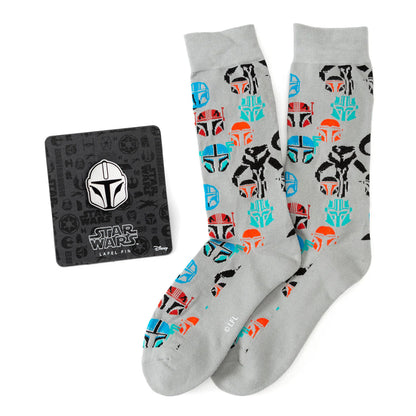Star Wars Mandalorian and Mythosaur Multicolored Gray Dress Socks and Lapel Pin Gift Set - My Men's Shop